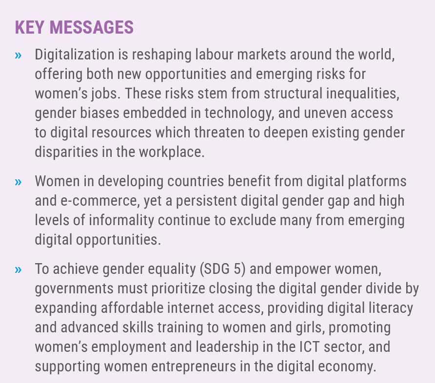 Women in developing countries benefit from digital platforms and e-commerce, yet a persistent digital gender gap and high levels of informality continue to exclude many from emerging digital opportunities.