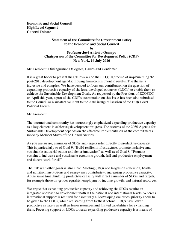 Statement at the High Level Segment of 2016 ECOSOC session