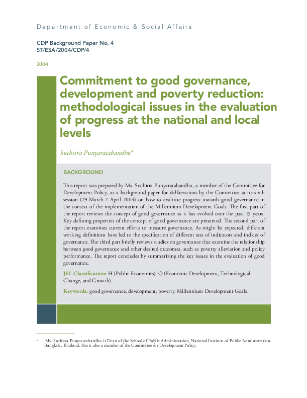 Commitment to good governance, development and poverty reduction: methodological issues in the evaluation of progress at the national and local levels