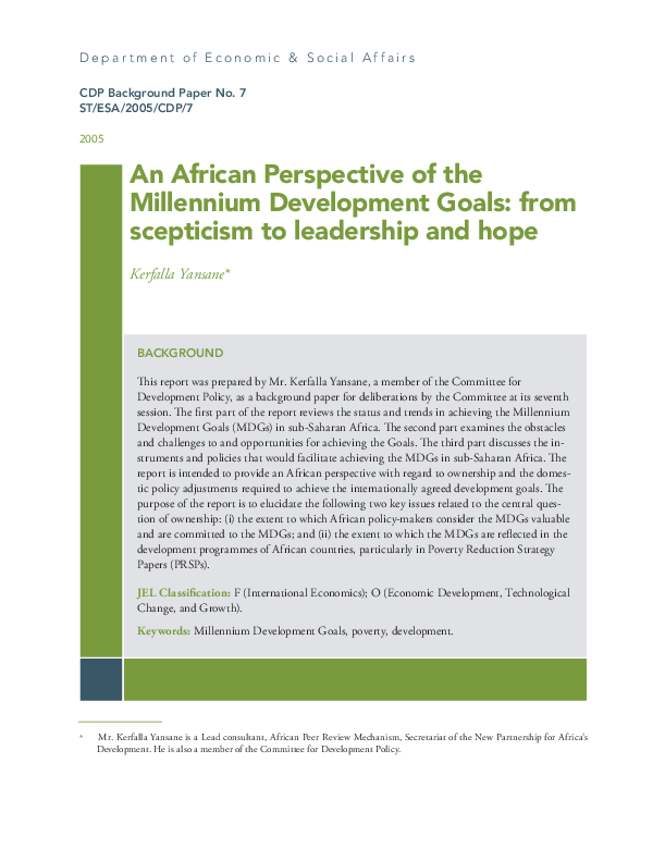 An African perspective of the Millennium Development Goals: from skepticism to leadership and hope