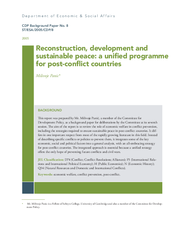 Reconstruction, development and sustainable peace: a unified programme for post-conflict countries