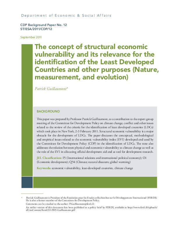 The concept of structural economic vulnerability?and its relevance for the identification of the least developed countries and other purposes: nature, measurement and evolution