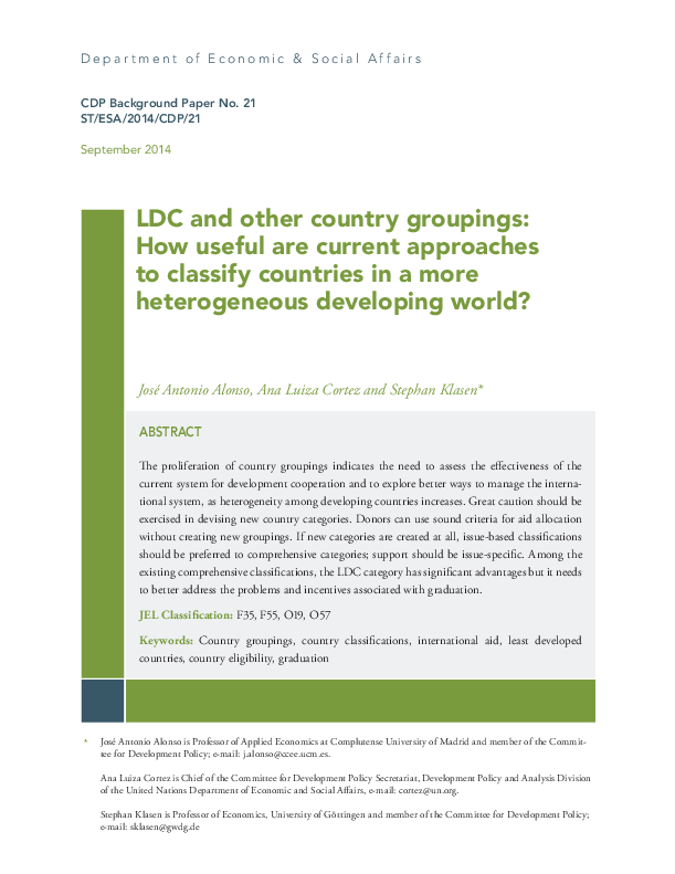 LDC and other country groupings: How useful are current approaches to classify countries in a more heterogeneous developing world?