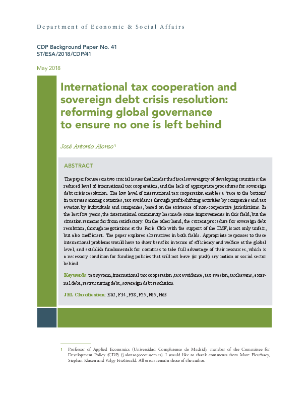 International tax cooperation and sovereign debt crisis resolution: reforming global governance to ensure no one is left behind