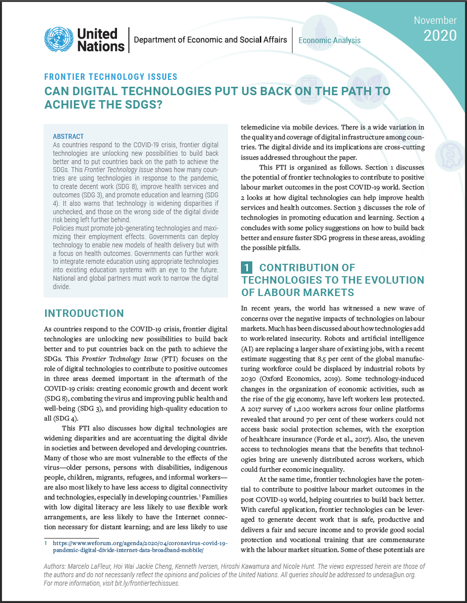 Frontier Technology Issues: Can digital technologies put us back on the path to achieve the SDGs?