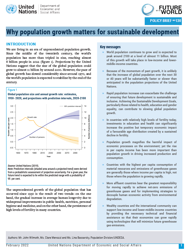UN DESA Policy Brief No. 130: Why population growth matters for sustainable development