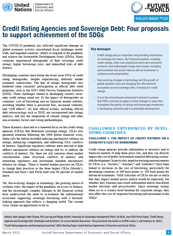 UN DESA Policy Brief No. 131: Credit rating agencies and sovereign debt: Four proposals to support achievement of the SDGs