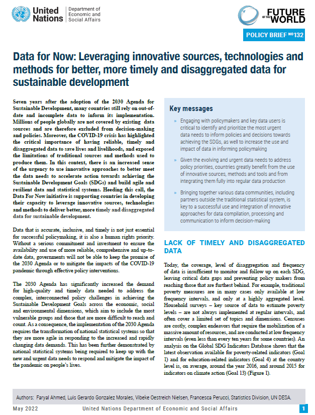 UN DESA Policy Brief No. 132: Data for now: leveraging innovative sources, technologies and methods for better, more timely and disaggregated data for sustainable development