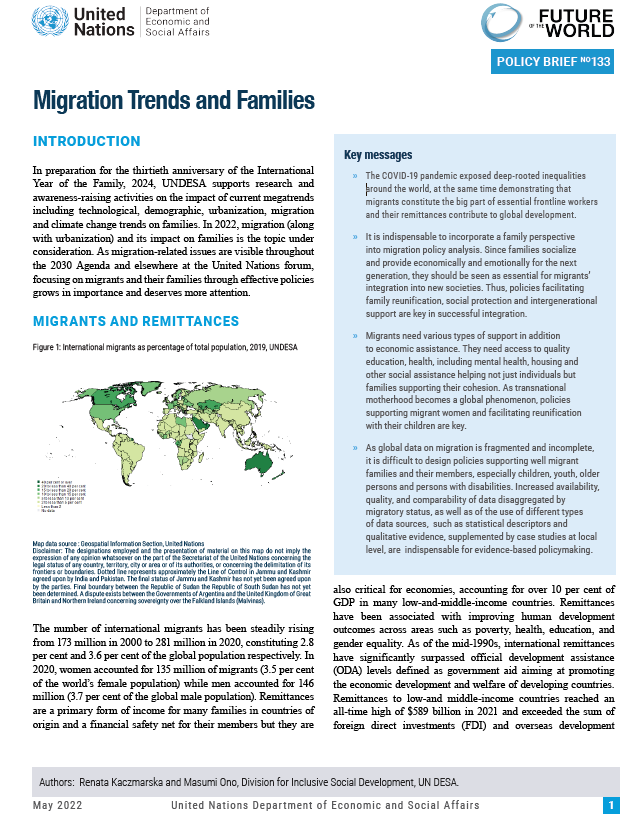 UN DESA Policy Brief No. 133: Migration Trends and Families