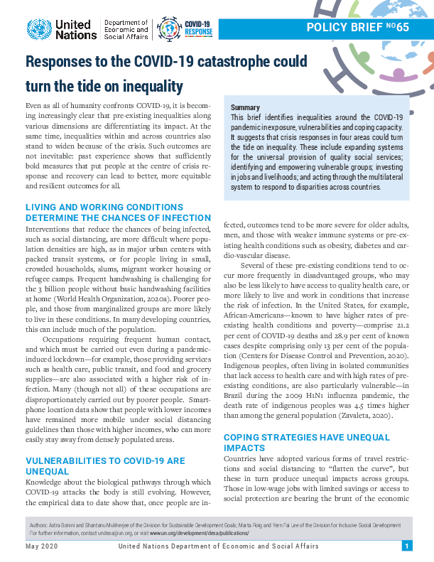 UN/DESA Policy Brief #65: Responses to the COVID-19 catastrophe could turn the tide on inequality