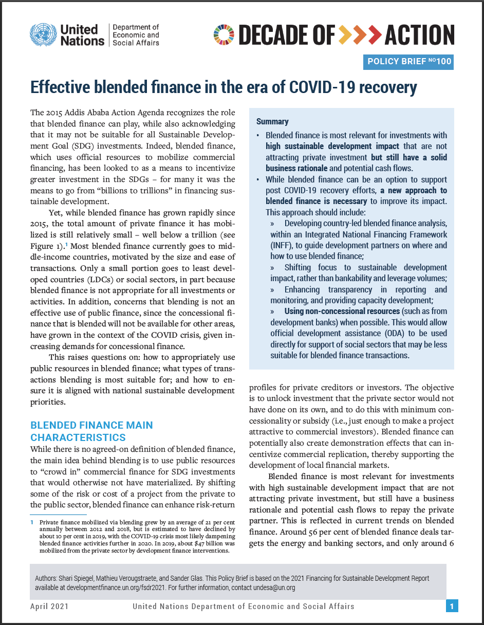 UN/DESA Policy Brief #100: Effective blended finance in the era of COVID-19 recovery