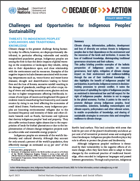 UN/DESA Policy Brief #101: Challenges and Opportunities for Indigenous Peoples? Sustainability
