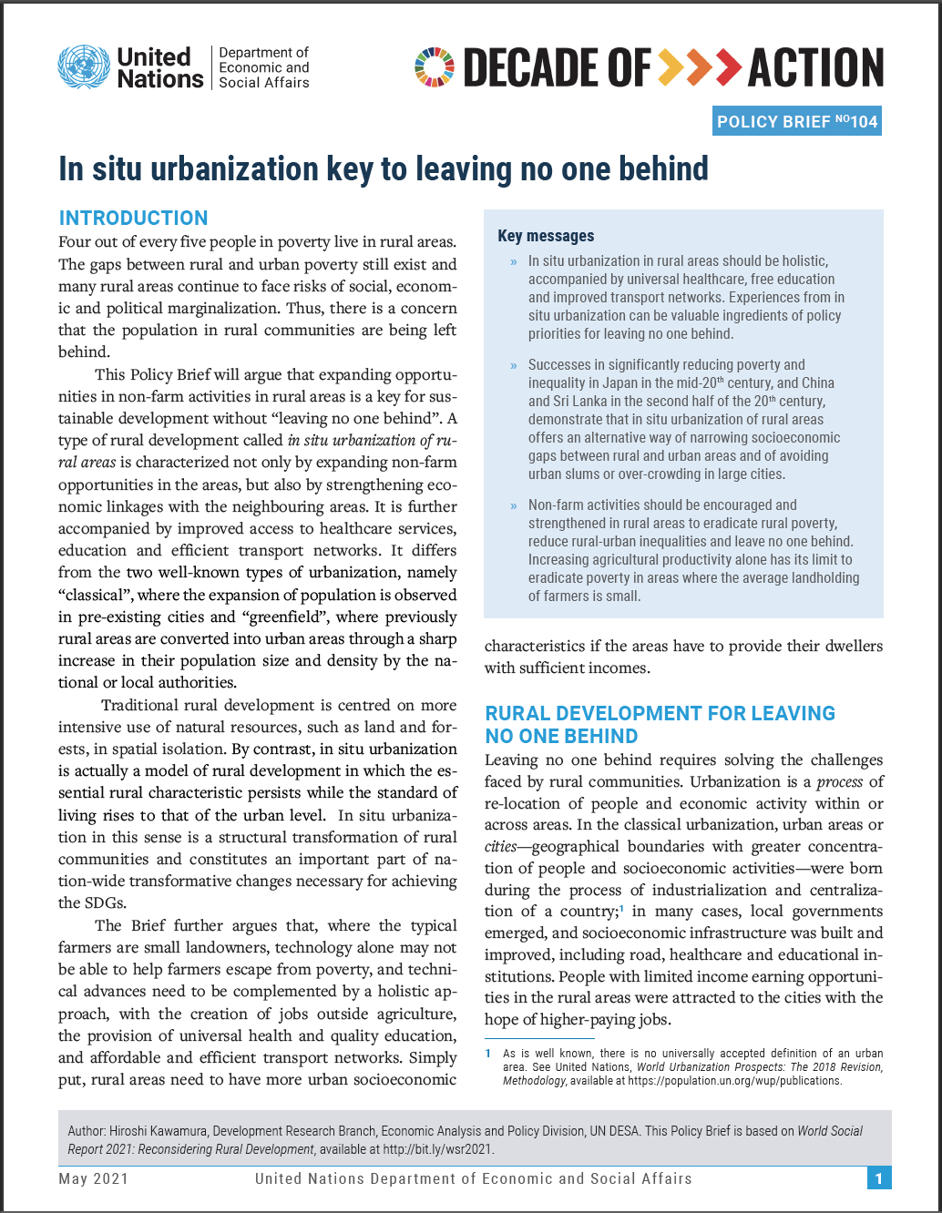 UN/DESA Policy Brief #104: In situ urbanization key to leaving no one behind