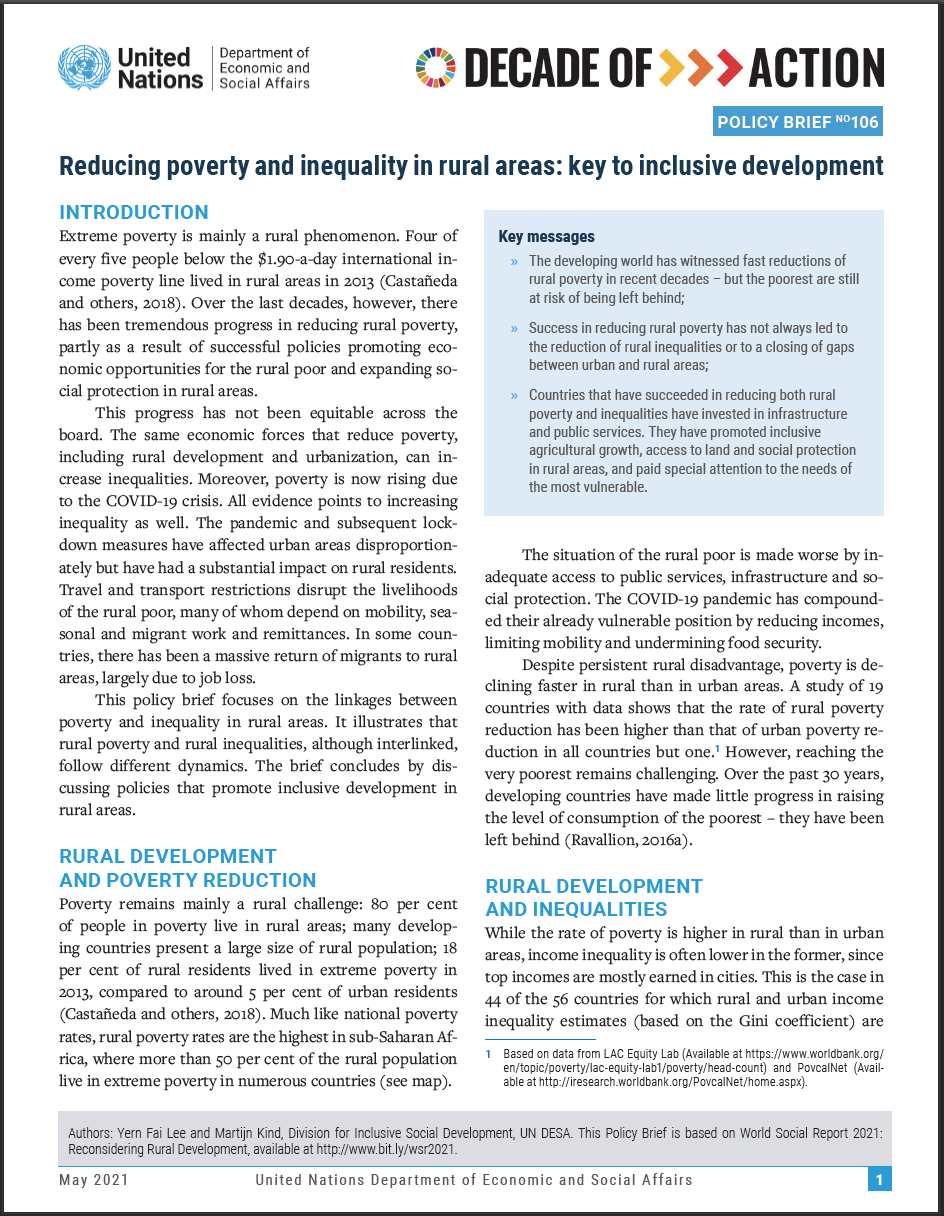 UN/DESA Policy Brief #106: Reducing poverty and inequality in rural areas: key to inclusive development