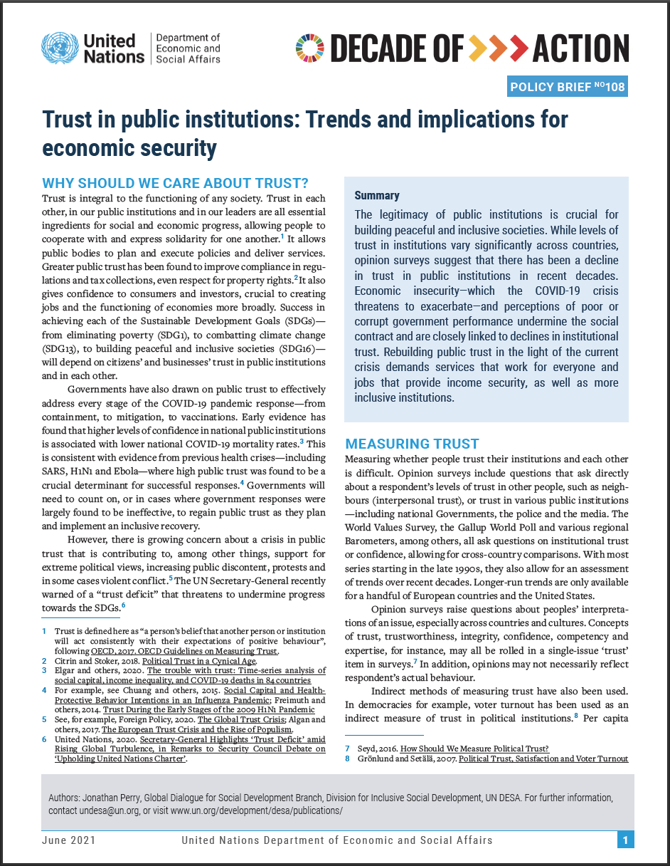 UN/DESA Policy Brief #108: Trust in public institutions: Trends and implications for economic security