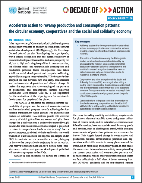 UN/DESA Policy Brief #109: Accelerate action to revamp production and consumption patterns: the circular economy, cooperatives and the social and solidarity economy