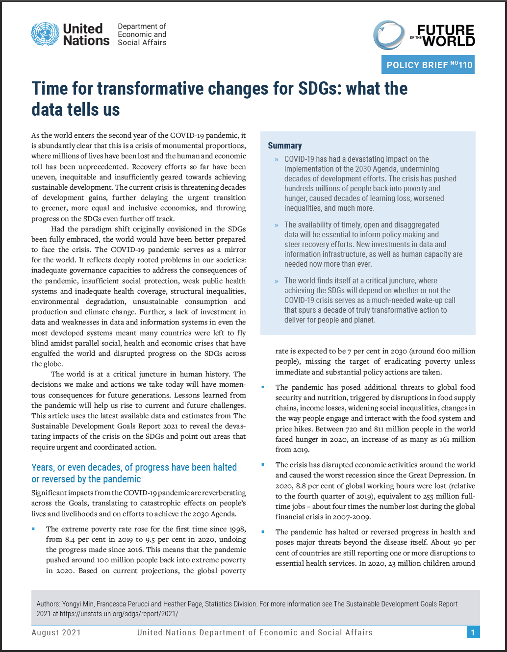 UN/DESA Policy Brief #110: Time for transformative changes for SDGs: what the  data tells us