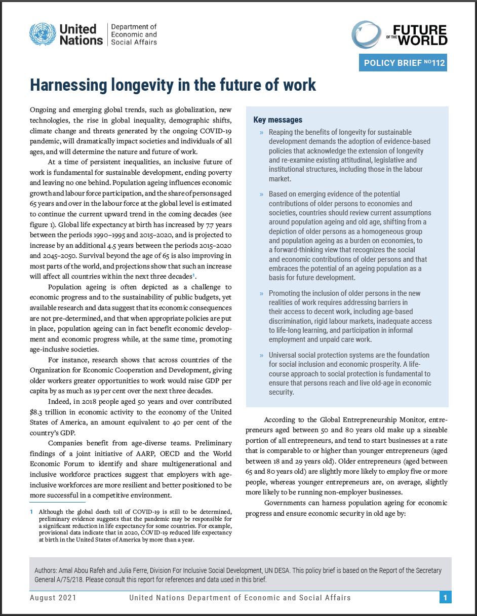 UN/DESA Policy Brief #112: Harnessing longevity in the future of work
