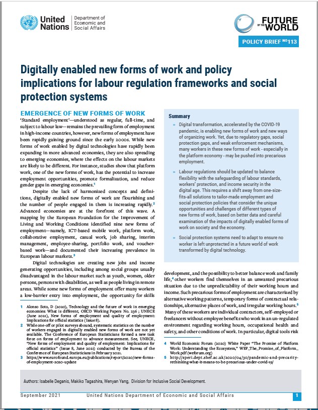 UN/DESA Policy Brief #113: Digitally enabled new forms of work and policy implications for labour regulation frameworks and social protection systems