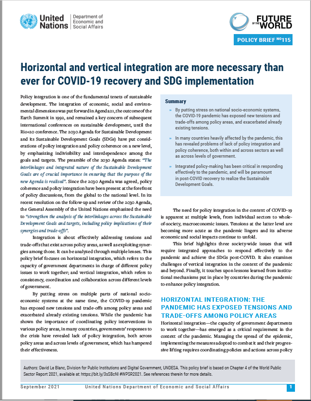 UN/DESA Policy Brief #115: Horizontal and vertical integration are more necessary than ever for COVID-19 recovery and SDG implementation