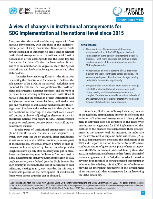 UN/DESA Policy Brief #116: A view of changes in institutional arrangements for SDG implementation at the national level since 2015
