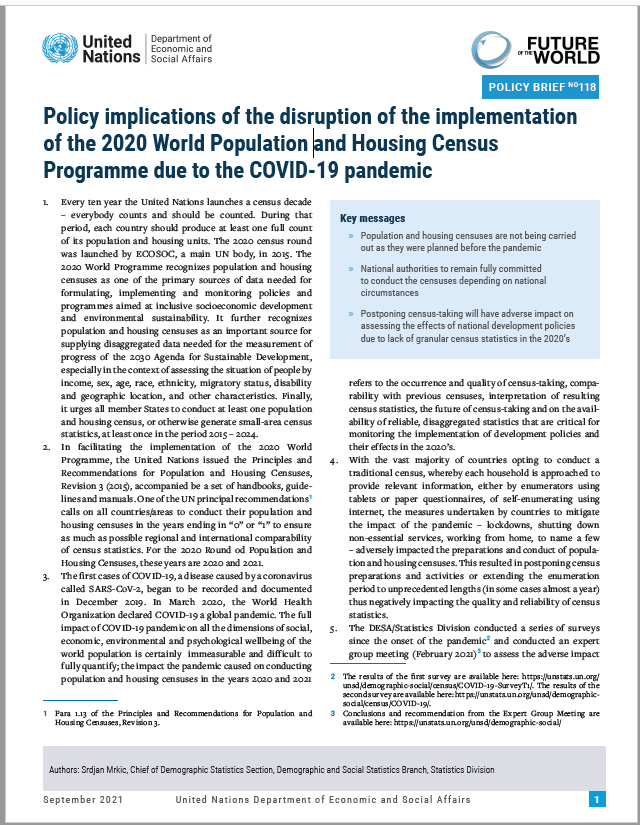 UN/DESA Policy Brief #118: Policy implications of the disruption of the implementation of the 2020 World Population and Housing Census Programme due to the COVID-19 pandemic