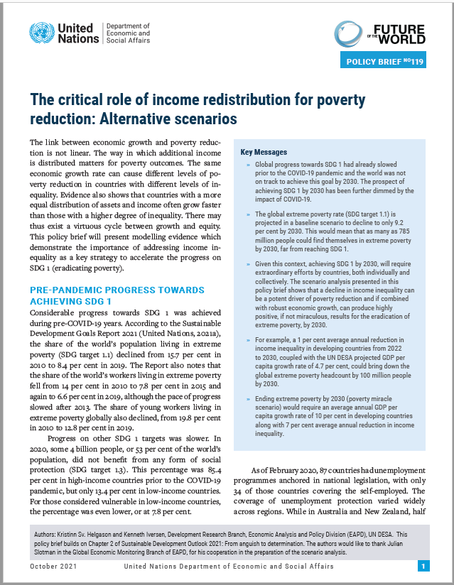 UN/DESA Policy Brief #119: The critical role of income redistribution for poverty reduction: Alternative scenarios
