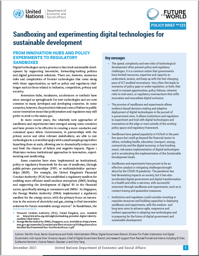 UN DESA Policy Brief No. 123: Sandboxing and experimenting digital technologies for sustainable development