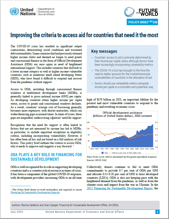 UN DESA Policy Brief No. 138: Improving the criteria to access aid for countries that need it the most