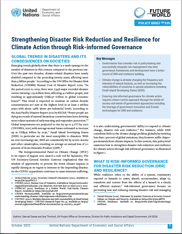 UN DESA Policy Brief No. 139: Strengthening Disaster Risk Reduction and Resilience for Climate Action through Risk-informed Governance