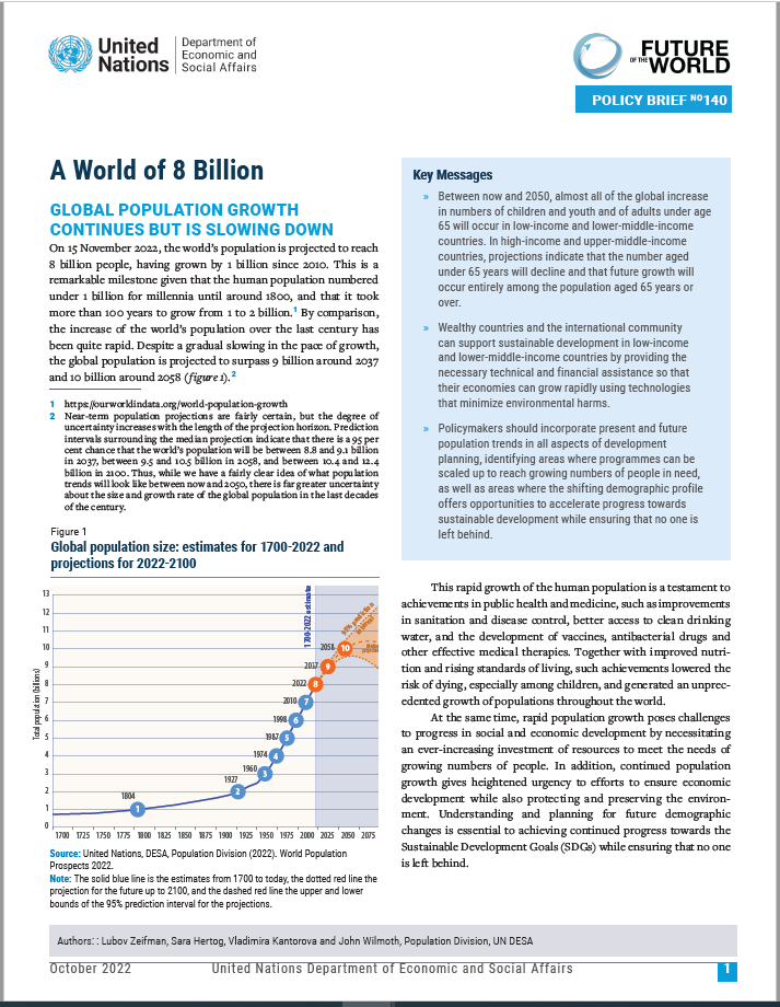 UN DESA Policy Brief No. 140: A World of 8 Billion