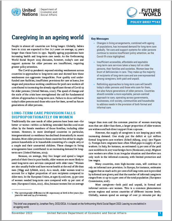 UN DESA Policy Brief No. 143: Caregiving in an ageing world