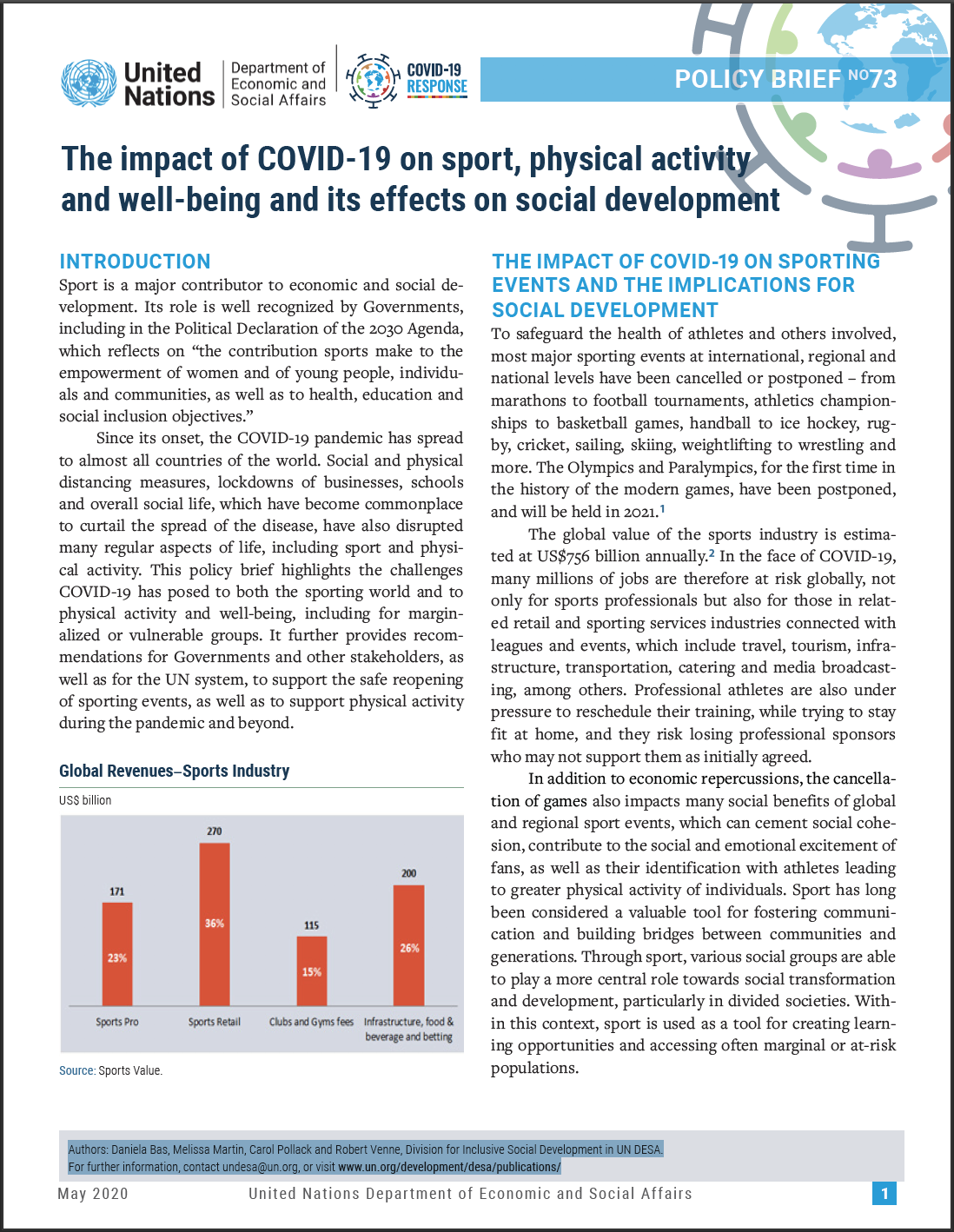 UN/DESA Policy Brief #73: The impact of COVID-19 on sport, physical activity and well-being and its effects on social development