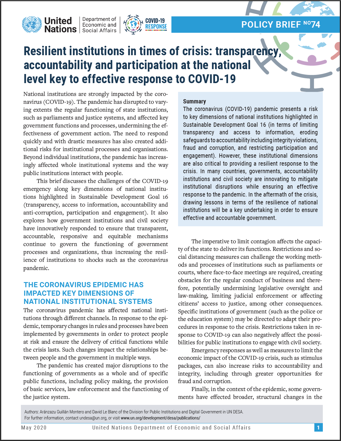 UN/DESA Policy Brief #74:  Resilient institutions in times of crisis: transparency, accountability and participation at the national level key to effective response to COVID-19