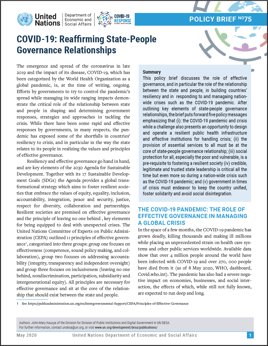 UN/DESA Policy Brief #75: COVID-19: Reaffirming State-People Governance Relationships