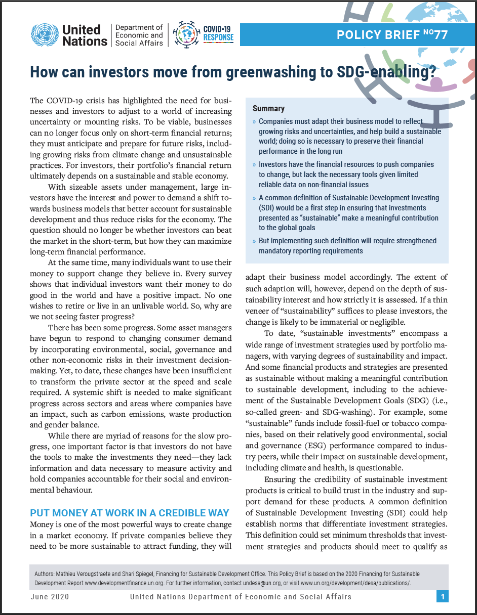 UN/DESA Policy Brief #77: How can investors move from greenwashing to SDG-enabling?