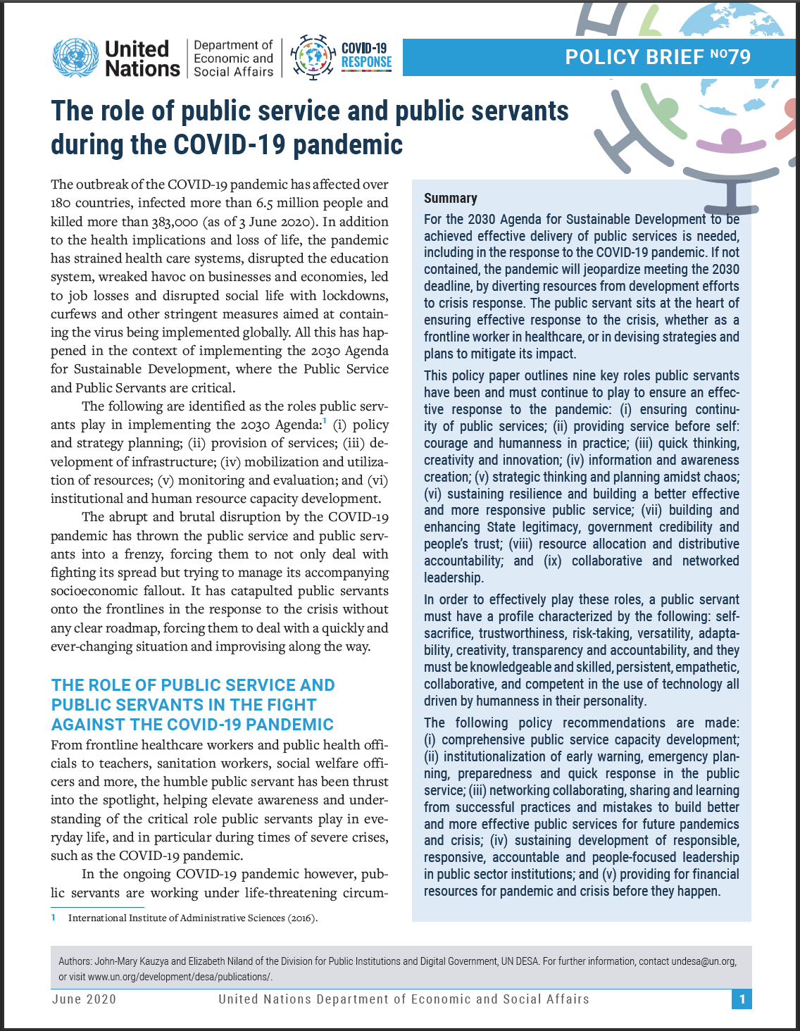 UN/DESA Policy Brief #79: The role of public service and public servants during the COVID-19 pandemic