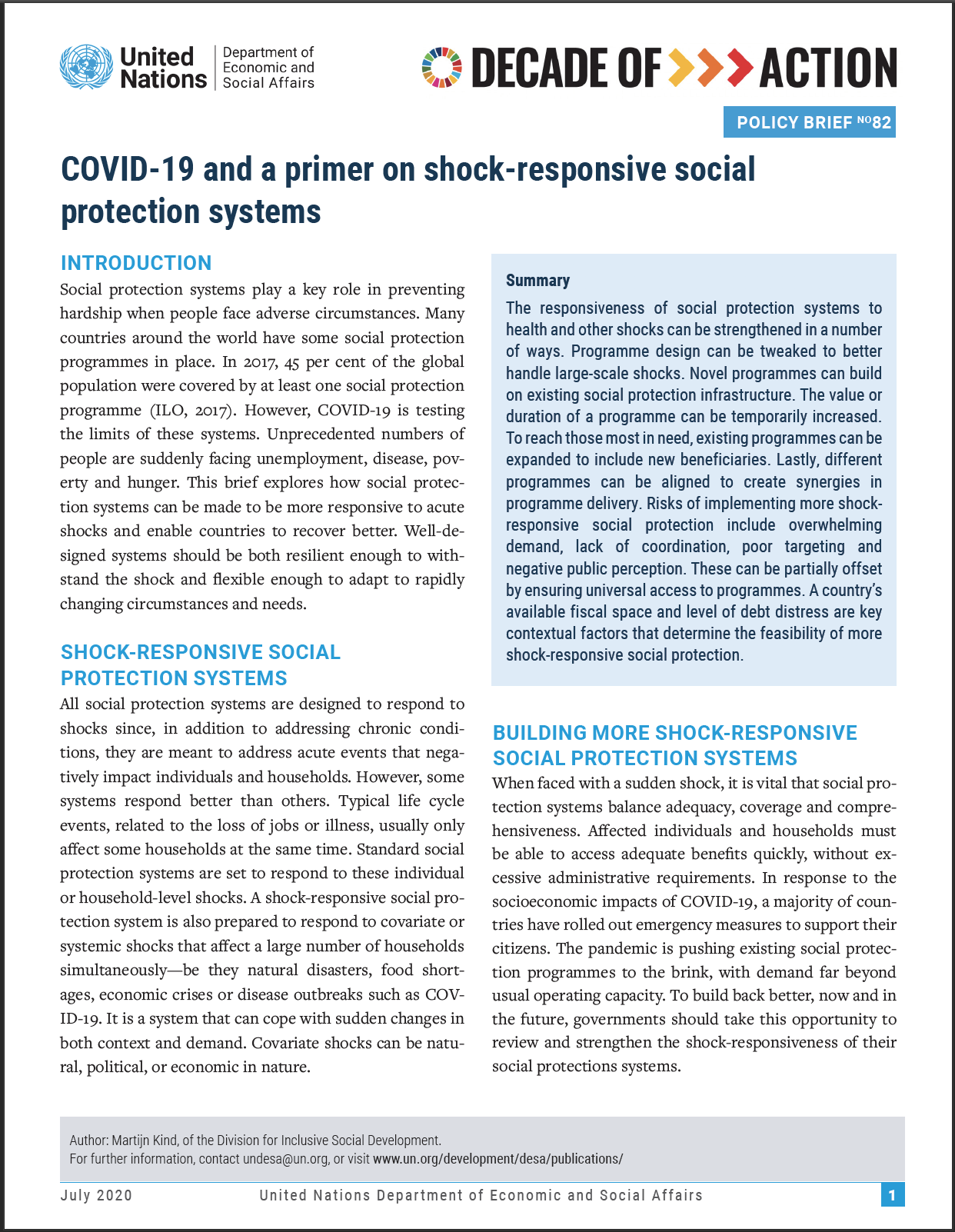 UN/DESA Policy Brief #82: COVID-19 and a primer on shock-responsive social protection systems