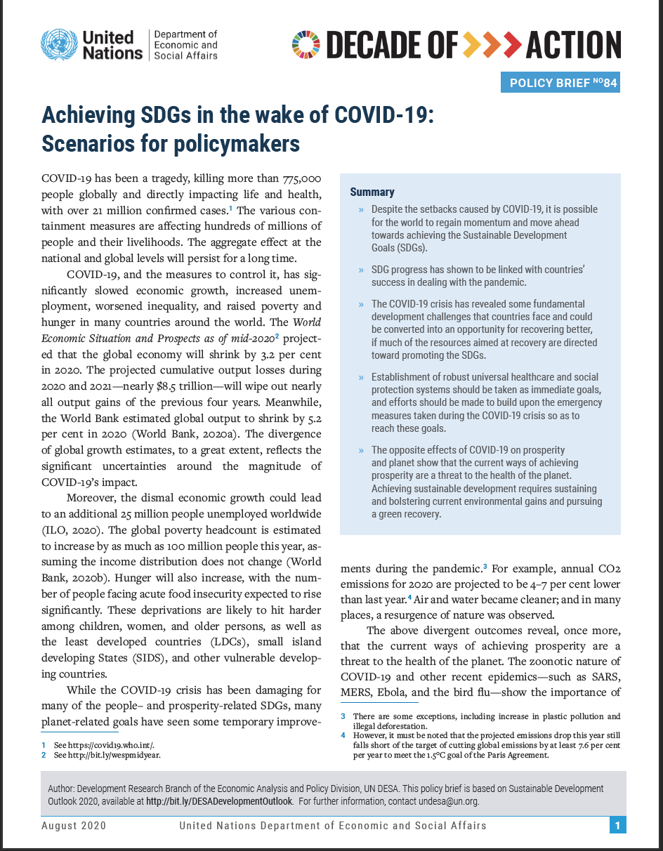 UN/DESA Policy Brief #84: Achieving SDGs in the wake of COVID-19: Scenarios for policymakers