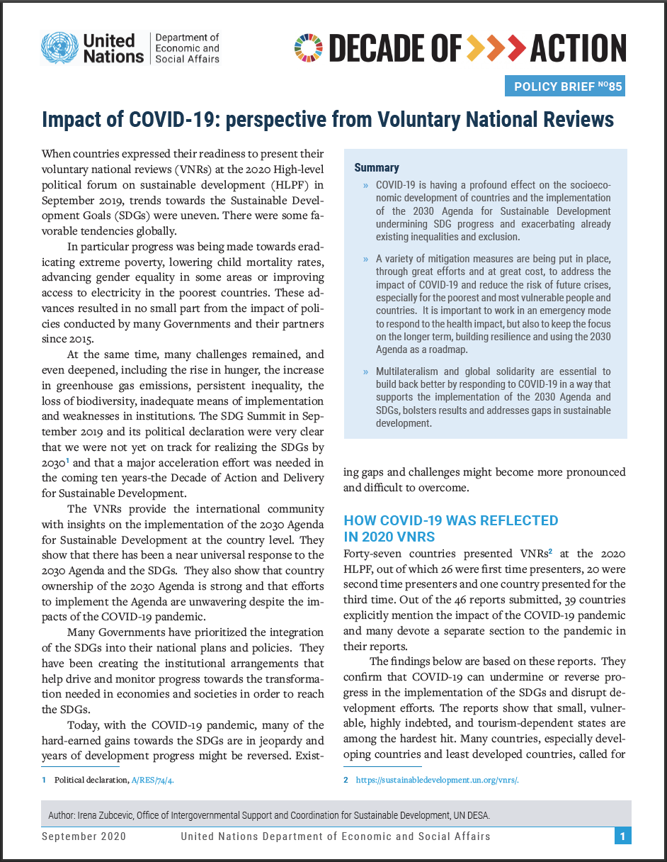 UN/DESA Policy Brief #85: Impact of COVID-19: perspective from Voluntary National Reviews