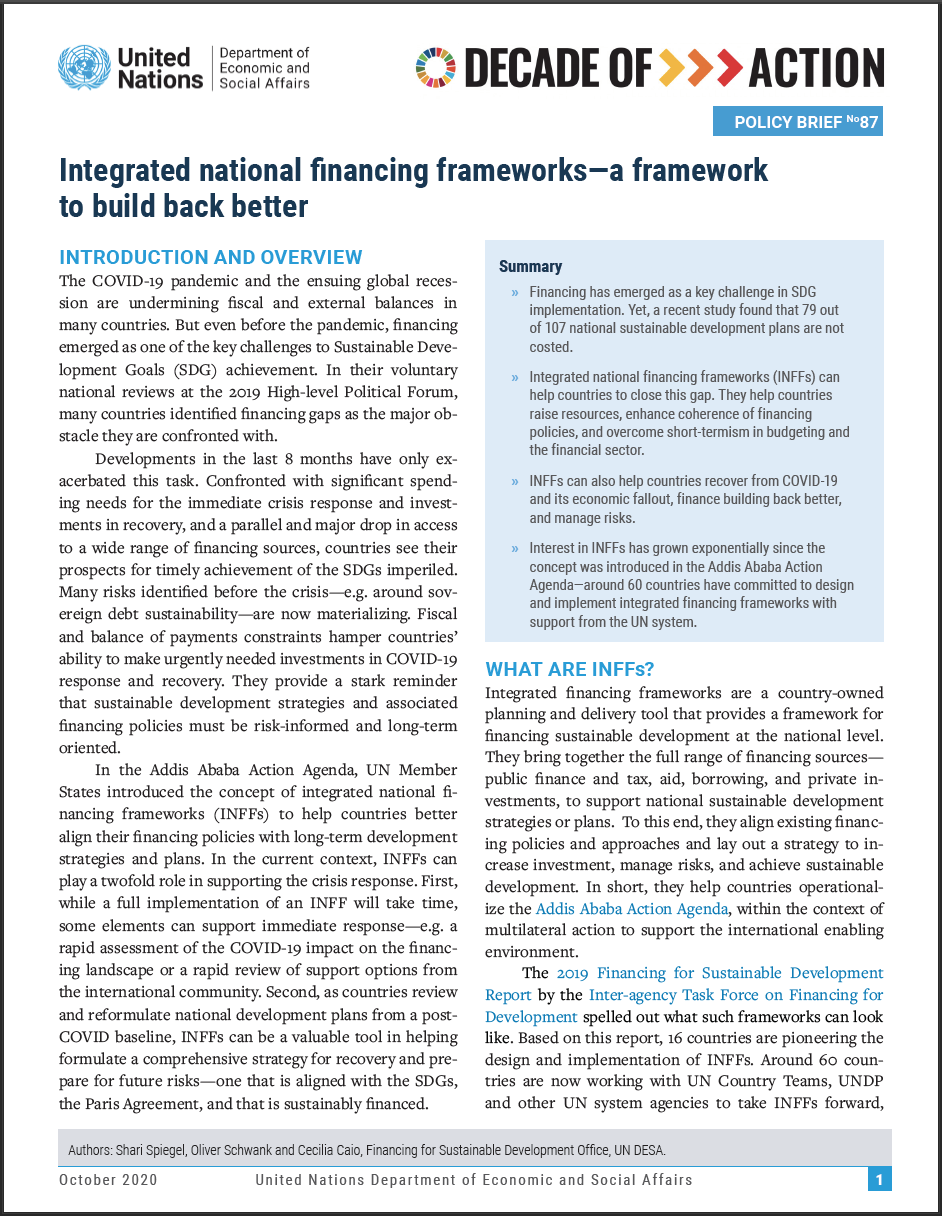 UN/DESA Policy Brief #87: Integrated national financing frameworks?a framework to build back better