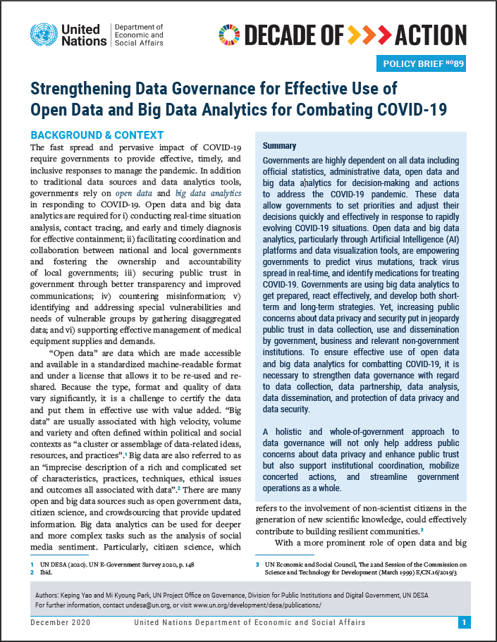 UN/DESA Policy Brief #89: Strengthening Data Governance for Effective Use of Open Data and Big Data Analytics for Combating COVID-19