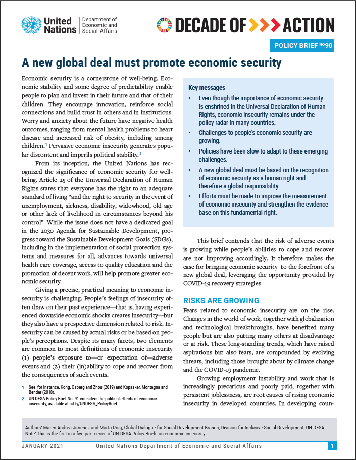 UN/DESA Policy Brief #90: A new global deal must promote economic security