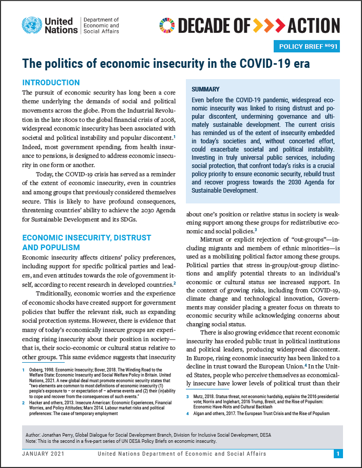 UN/DESA Policy Brief #91: The politics of economic insecurity in the COVID-19 era