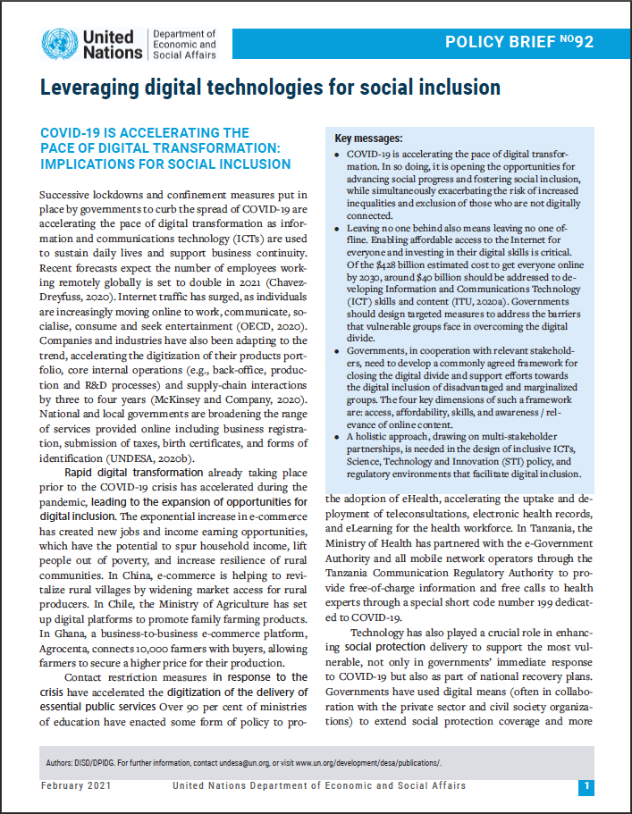 UN/DESA Policy Brief #92: Leveraging digital technologies for social inclusion