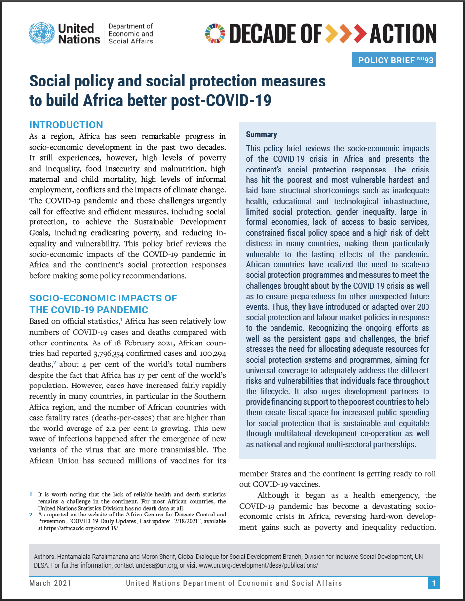 UN/DESA Policy Brief #93: Social policy and social protection measures to build Africa better post-COVID-19