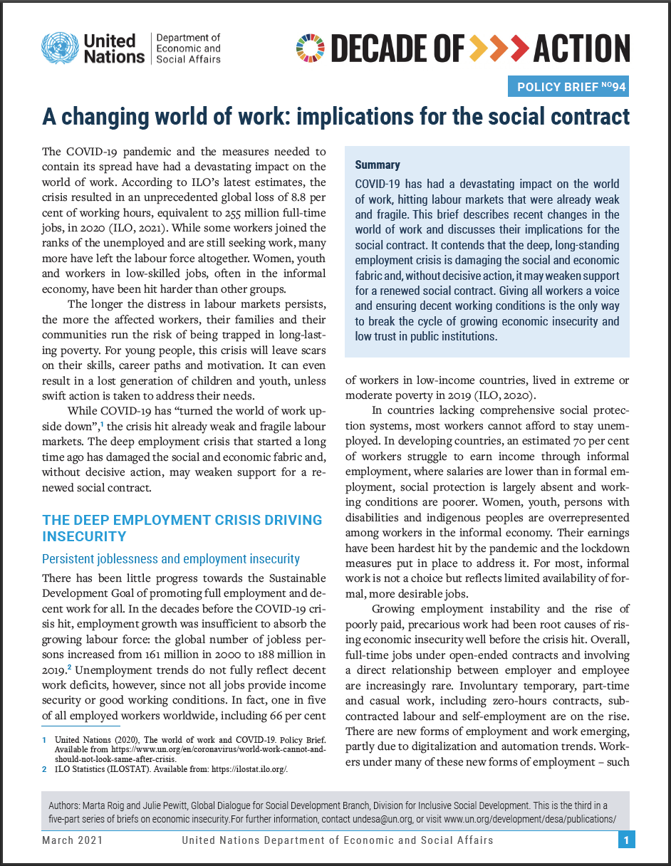 UN/DESA Policy Brief #94: A changing world of work: implications for the social contract