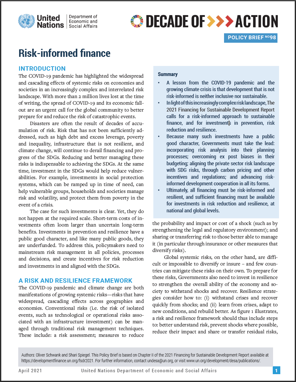 UN/DESA Policy Brief #98: Risk-informed finance