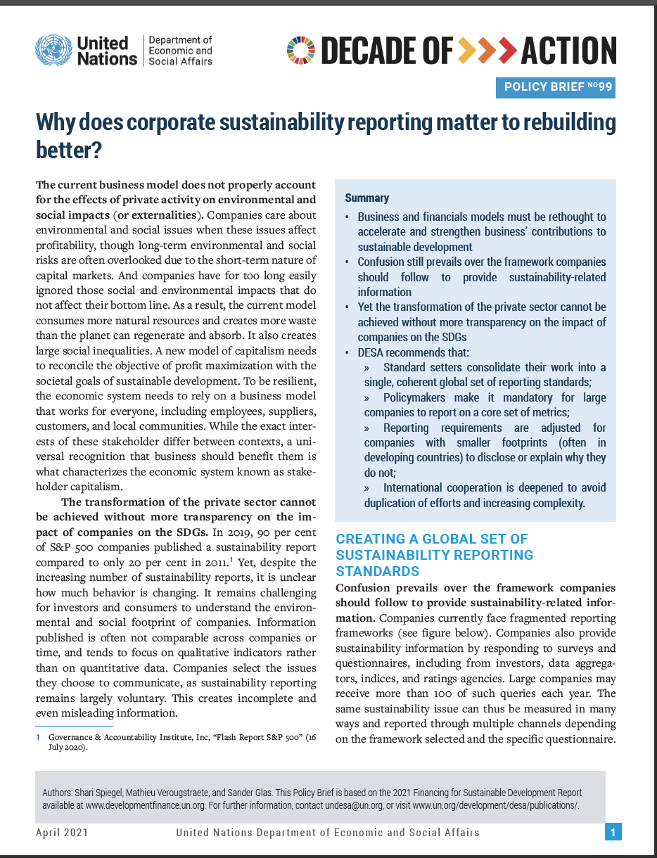 UN/DESA Policy Brief #99: Why does corporate sustainability reporting matter to rebuilding better?