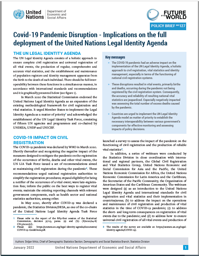 UN DESA Policy Brief No. 127: COVID-19 pandemic disruption - Implications on the full deployment of the United Nations Legal Identity Agenda